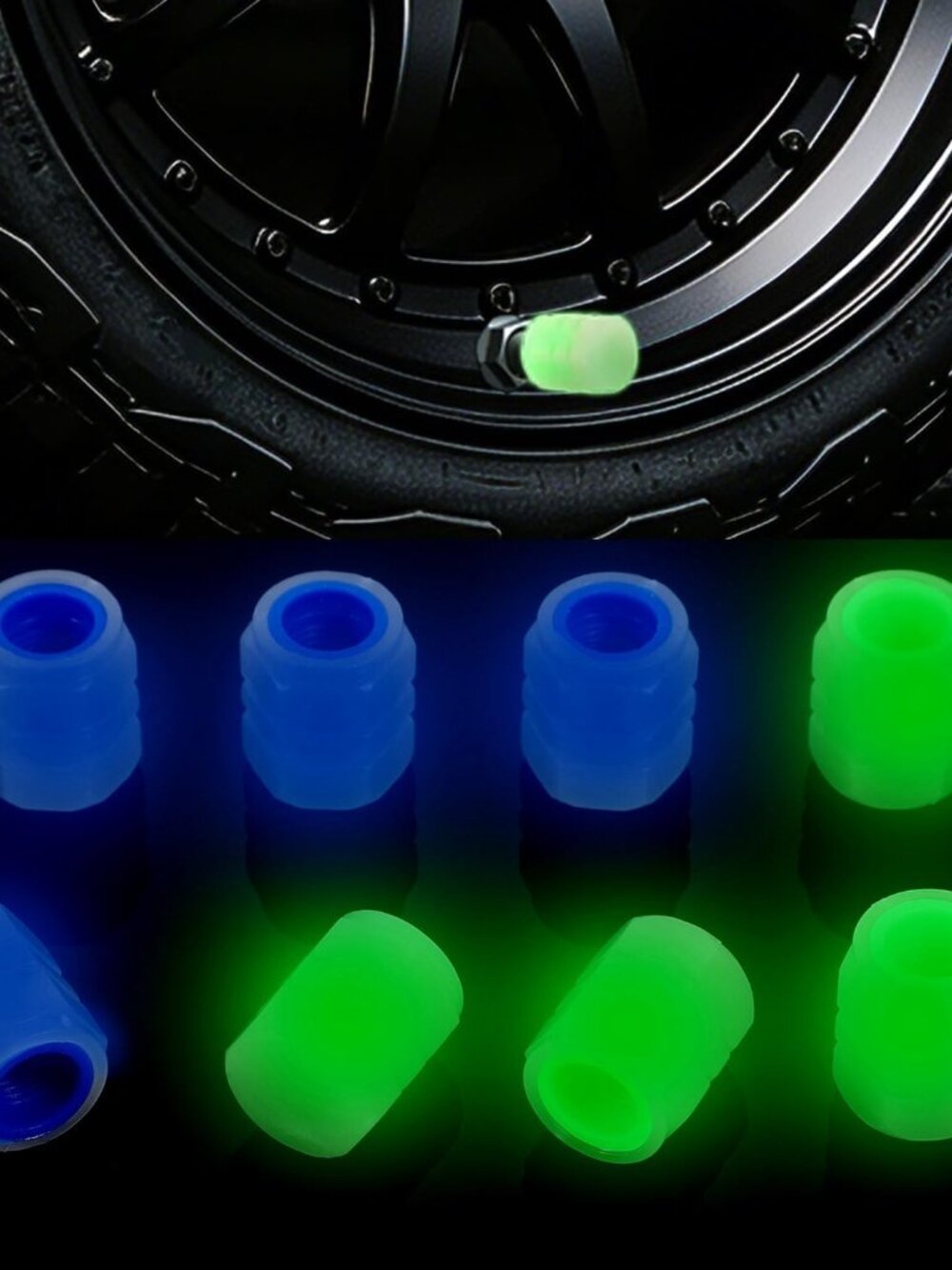 8PCS Glow-in-the-Dark Tire Valve Stem Caps for Cars, Bikes, Blue/Green